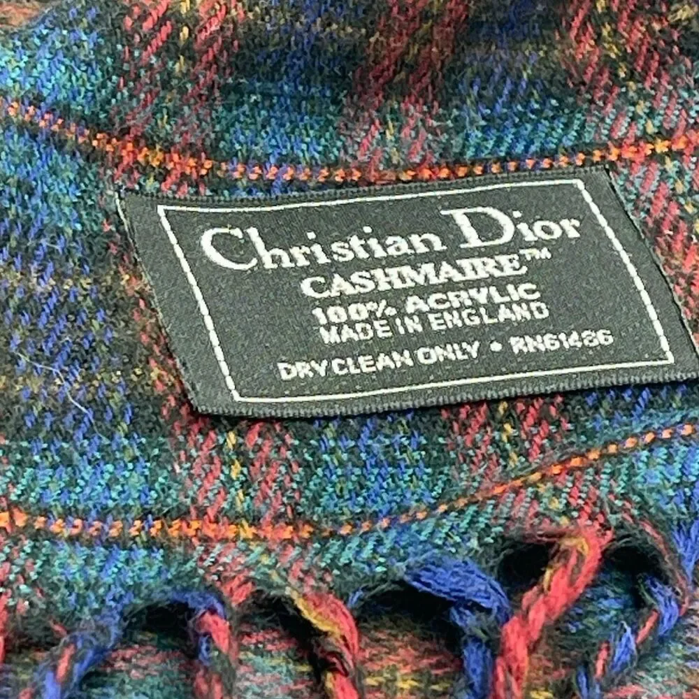 Vintage Christian Dior plaid 56”X11.5” scarf fringe